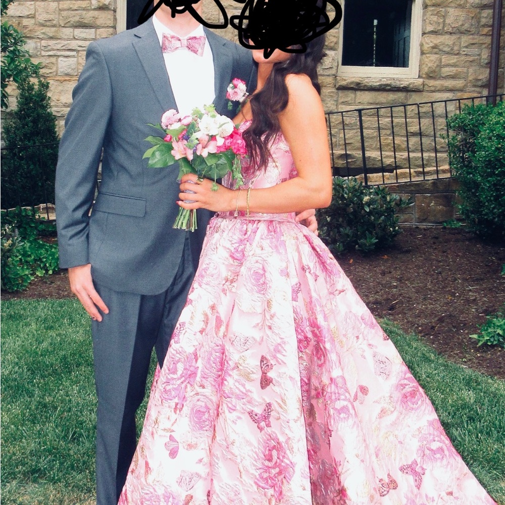 Sherri Hill Pink Floral Ball Gown with Gold Accents - Picture 4 of 5
